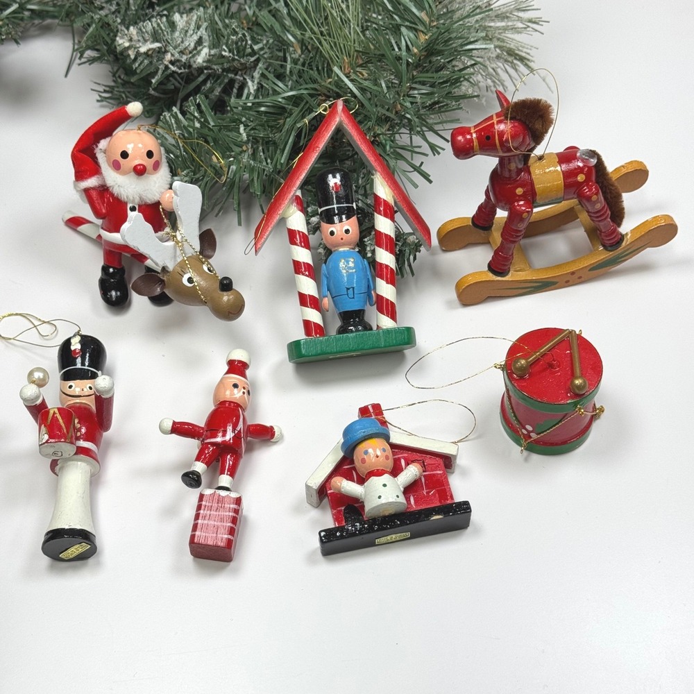 Vintage Wooden Christmas Ornaments Lot of 7 IMPERFECT